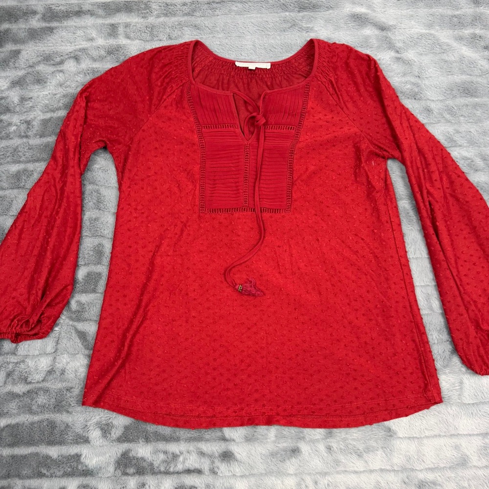 Daniel Rainn Red Clip Dot Pleated Bib Tassel Tie Blouse D16589KCD Medium